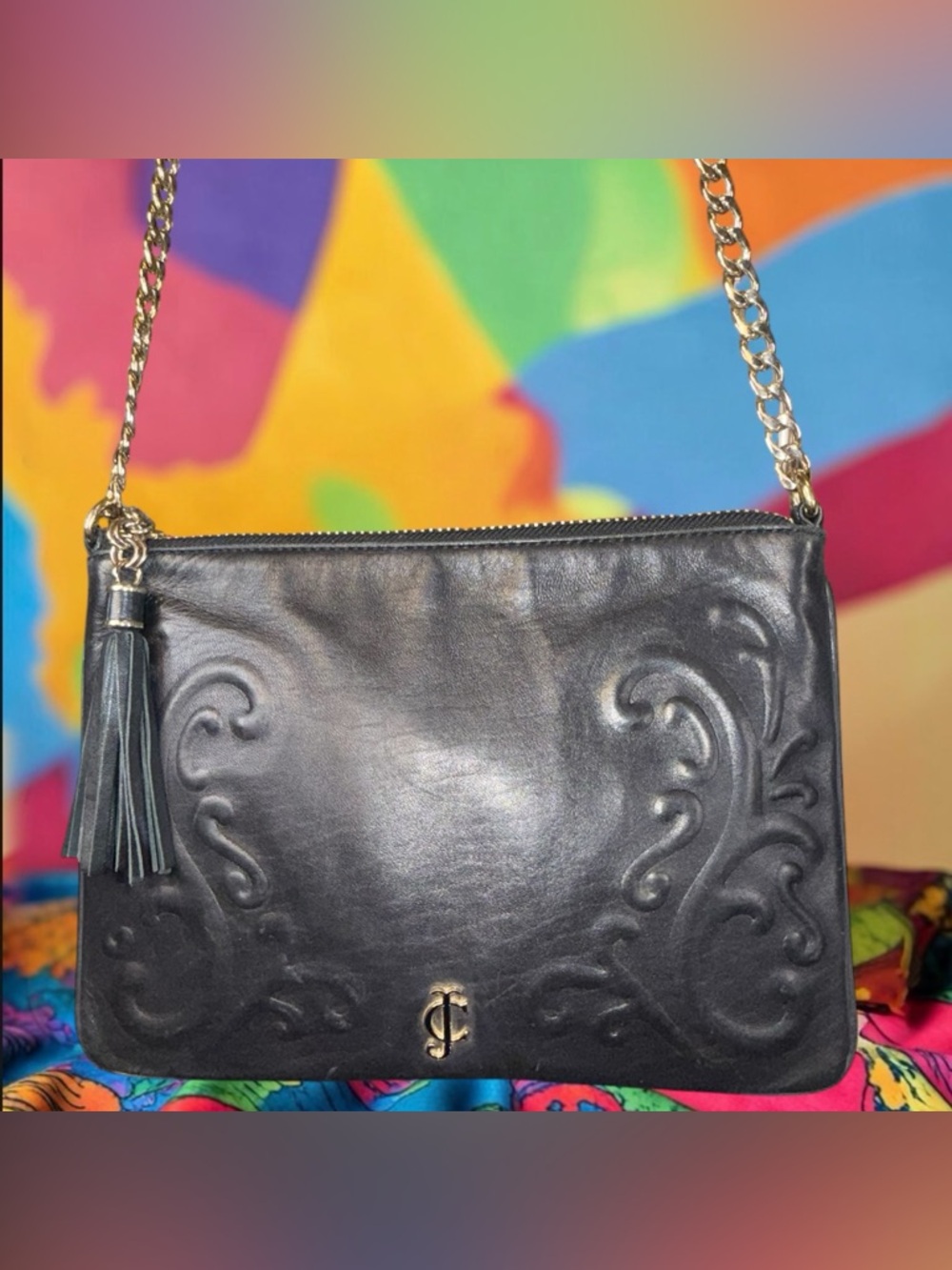 Juicy Couture Black Leather Embossed Crossbody Bag Chain Strap Tassel Y2K - Picture 2 of 7